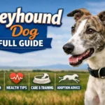 Greyhound dog standing outdoors showing its tall, slim body, deep chest, and short smooth coat