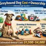Adult Greyhound standing in a home setting, illustrating the cost of ownership