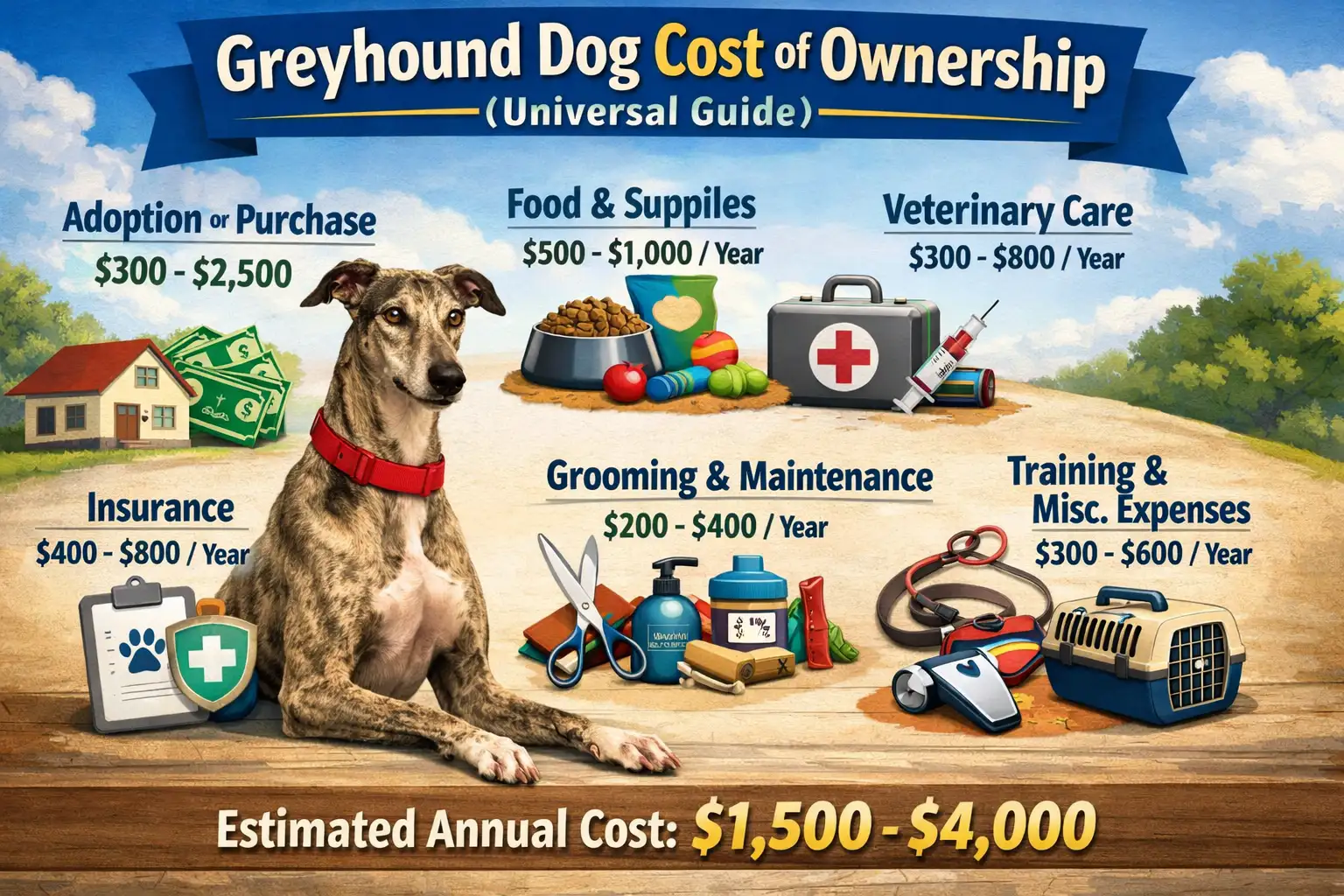 Adult Greyhound standing in a home setting, illustrating the cost of ownership