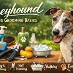Greyhound grooming basics showing an adult Greyhound with a short coat being gently brushed at home
