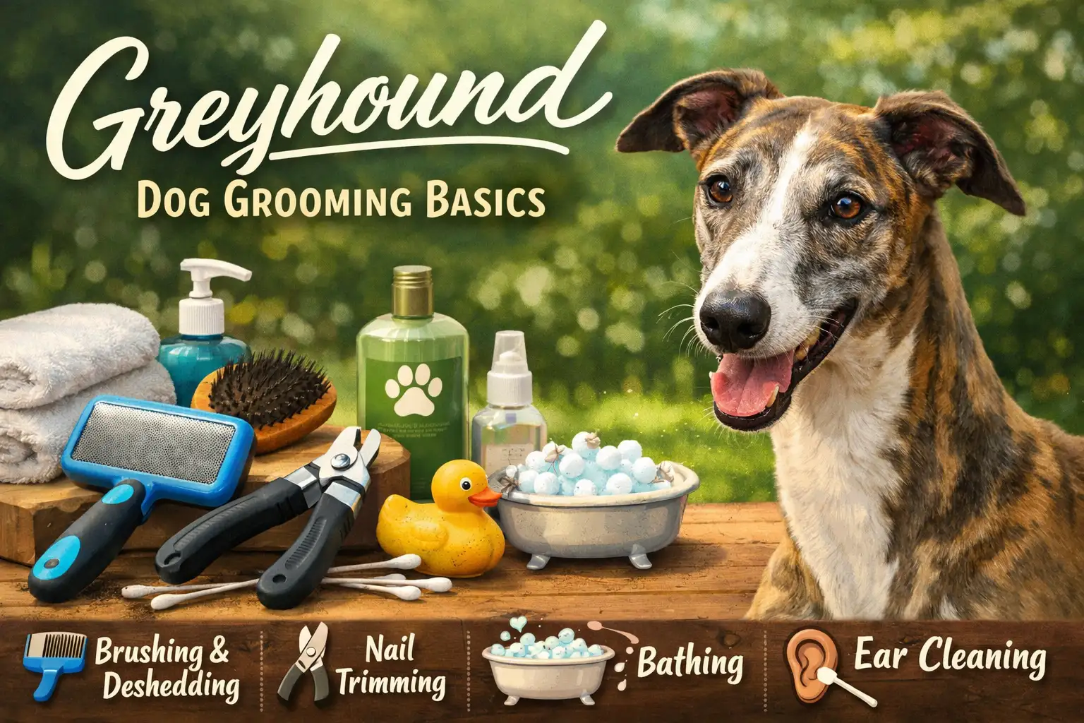 Greyhound grooming basics showing an adult Greyhound with a short coat being gently brushed at home
