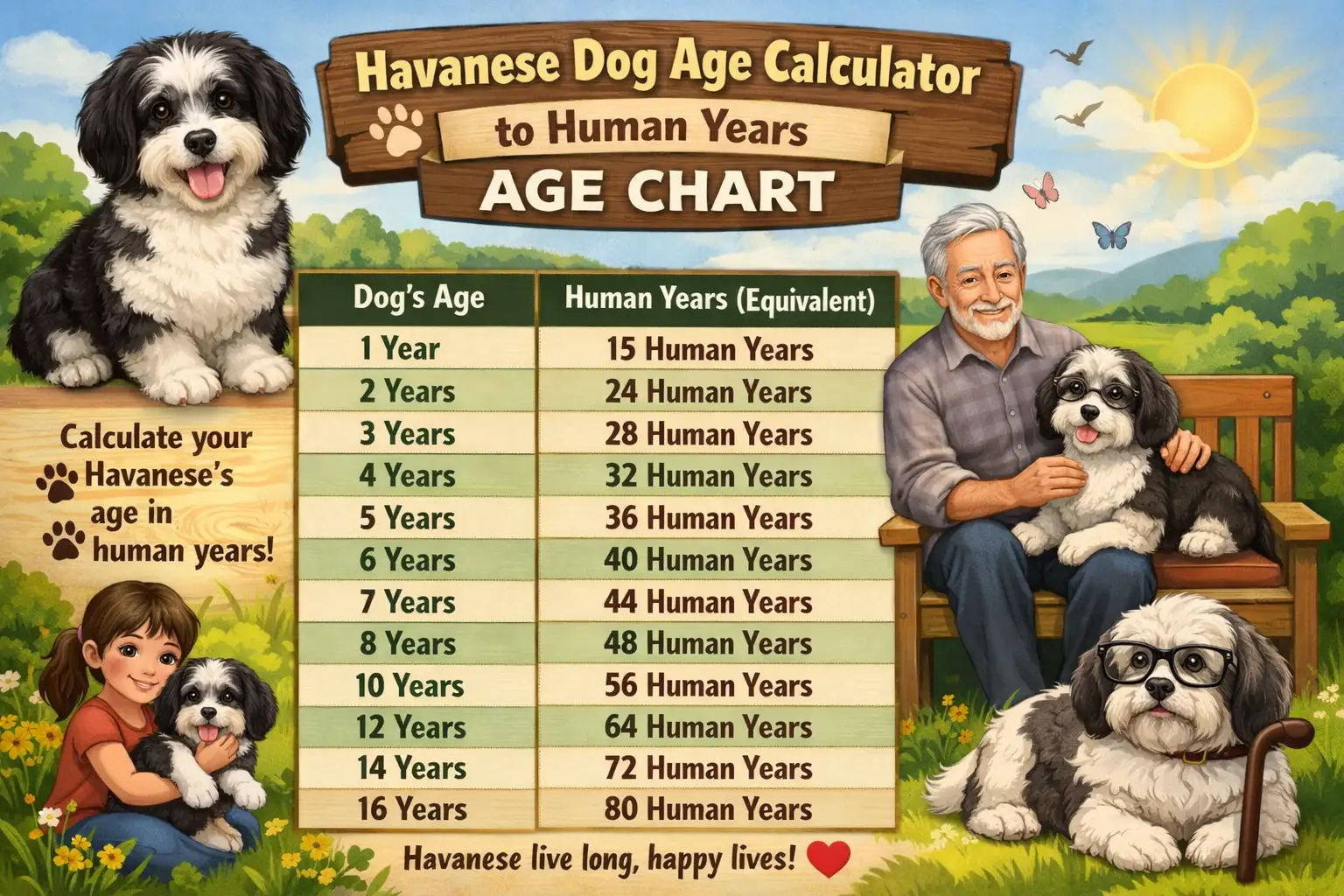 Havanese dog age chart showing dog years to human years conversion with life stages from puppy to senior.