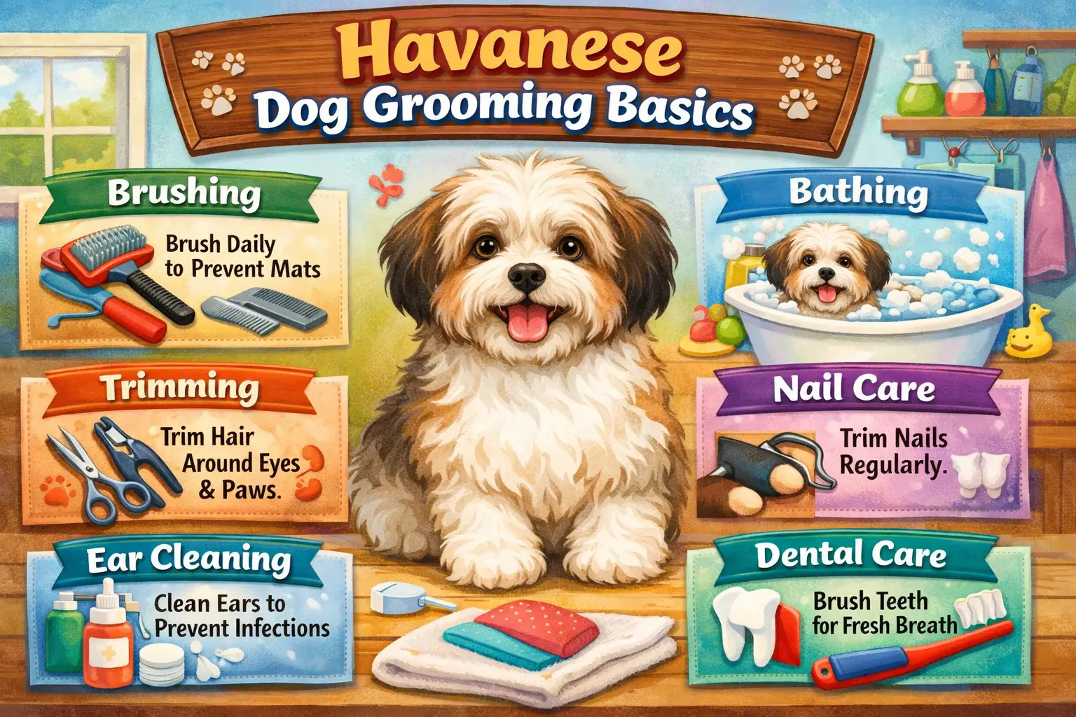 Havanese dog being brushed during a grooming session to maintain a healthy coat and prevent tangles and mats