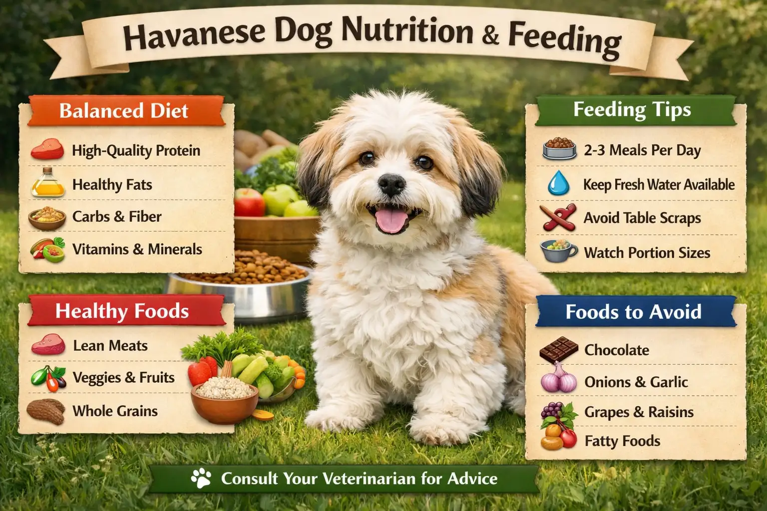 Havanese dog eating a balanced meal with portion-controlled food suitable for its age, size, and nutritional needs.