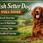 Adult Irish Setter with long flowing red coat standing alert in an open field