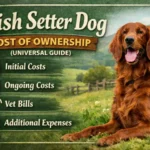 Irish Setter relaxing indoors with grooming tools and food nearby, representing ongoing care expenses