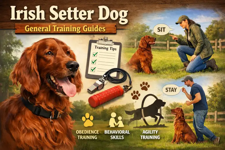 : Irish Setter practicing obedience training outdoors, showing energetic and friendly temperament