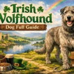 Adult Irish Wolfhound dog standing in a grassy yard showing size and wiry coat