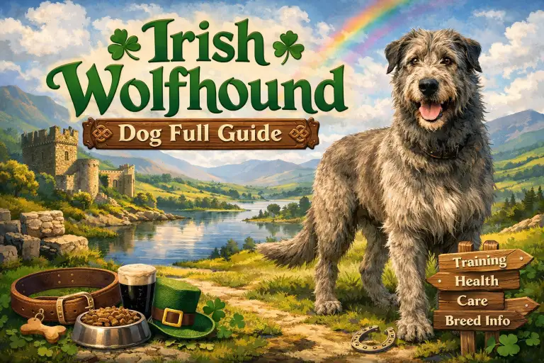 Adult Irish Wolfhound dog standing in a grassy yard showing size and wiry coat