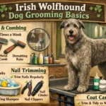 Adult Irish Wolfhound with rough wiry coat being brushed at home