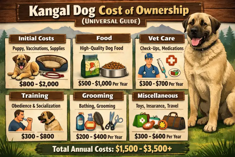 Kangal Dog with owner on farmland representing long-term care and ownership costs