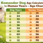 Komondor puppy with developing cords beside a fully corded adult Komondor to show growth stages