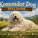 Adult Komondor with a long white corded coat standing guard outdoors, showing its large size and protective nature