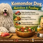 Large Komondor standing near a feeding area, representing nutrition needs for a giant guardian breed