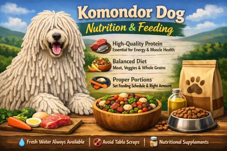 Large Komondor standing near a feeding area, representing nutrition needs for a giant guardian breed