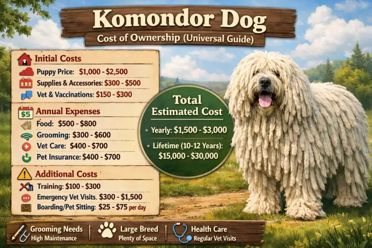 Komondor resting on rural property, highlighting space, care, and long-term ownership responsibilities