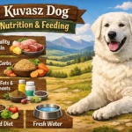 Kuvasz standing near a food bowl, representing proper nutrition for a large, active livestock guardian dog