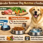 Labrador Retriever eating from a bowl, showing strong build and healthy weight