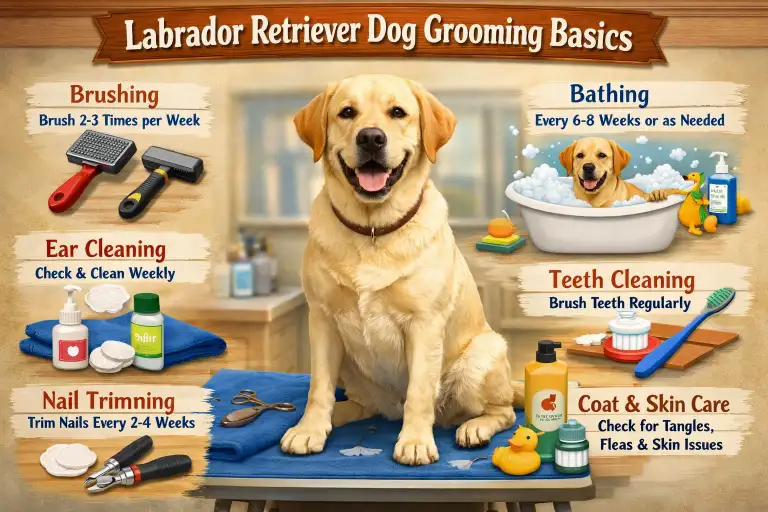 Labrador Retriever being brushed, highlighting short dense coat and heavy shedding