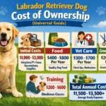 Labrador Retriever at home with toys, food, and leash, representing daily ownership responsibilities