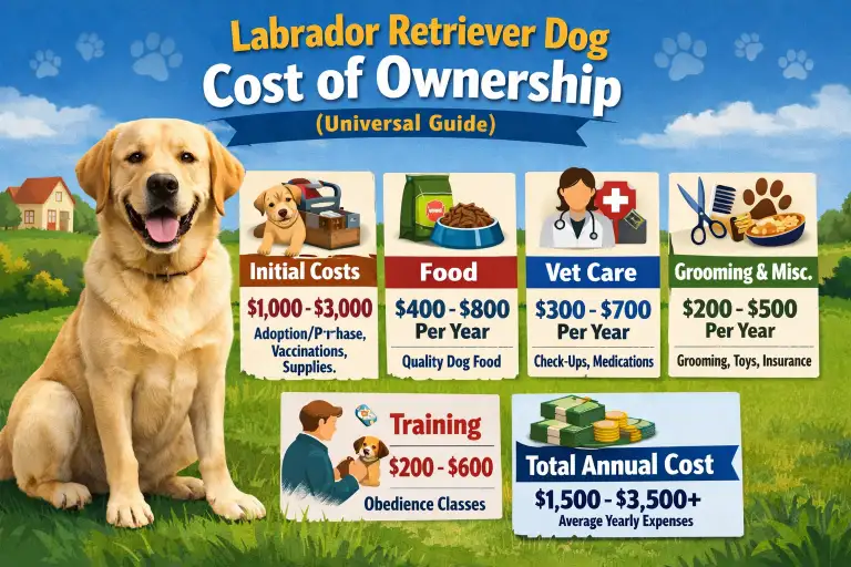 Labrador Retriever at home with toys, food, and leash, representing daily ownership responsibilities