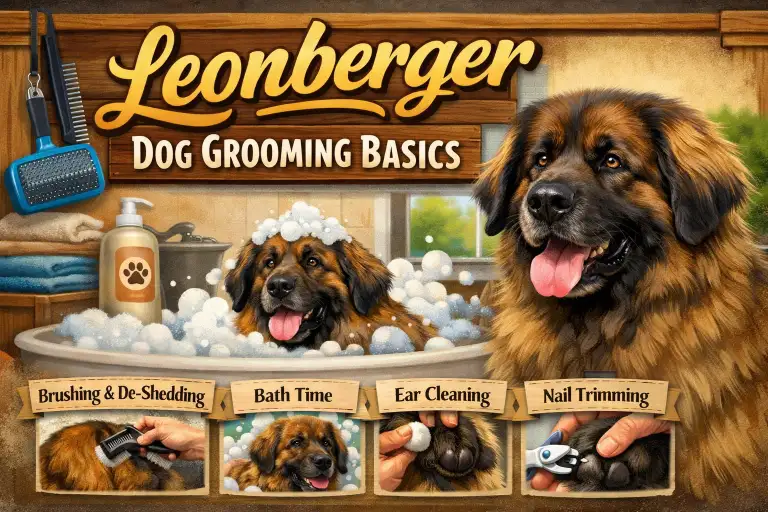 Adult Leonberger with thick double coat being brushed at home