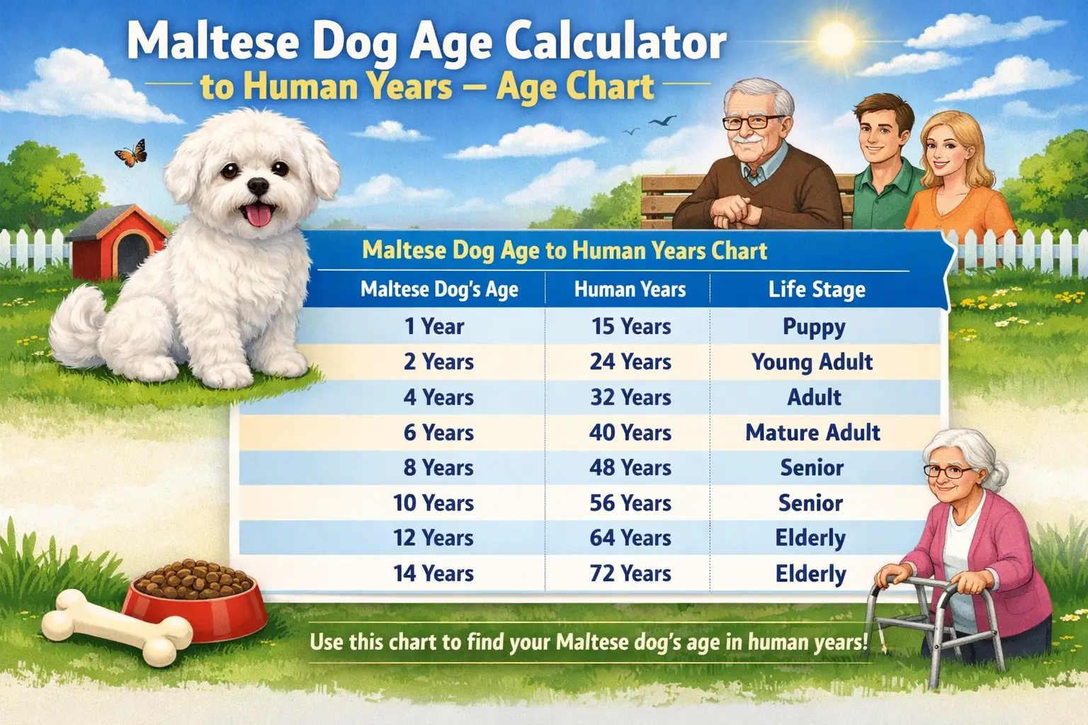 Maltese dog age chart showing Maltese dog years compared to human years by life stage