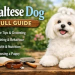 Maltese dog with a long white silky coat standing alert and looking at the camera