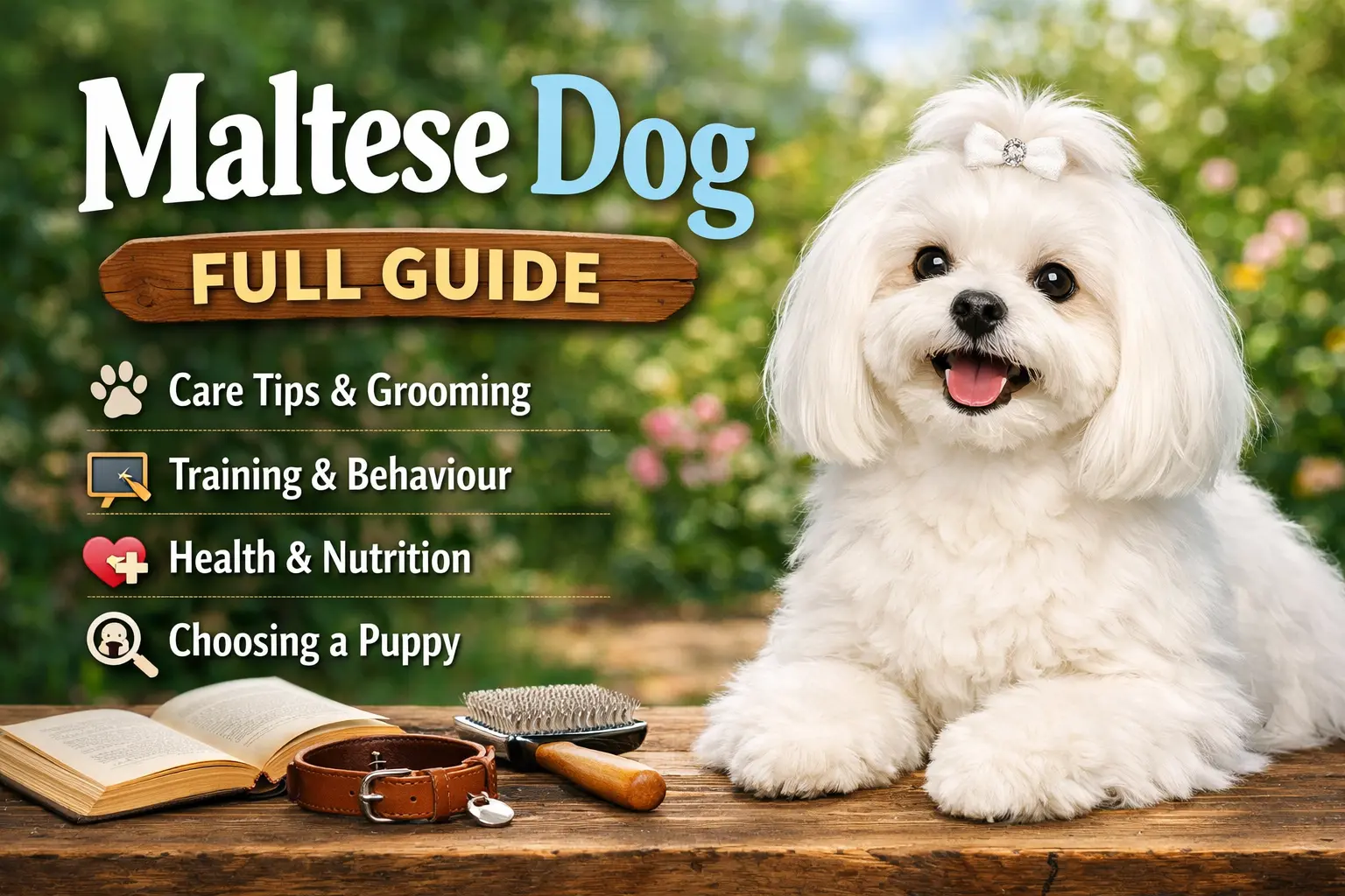 Maltese dog with a long white silky coat standing alert and looking at the camera