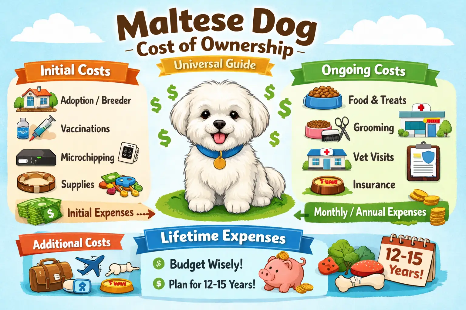 Maltese dog ownership costs guide showing a small white Maltese dog in a home setting