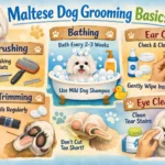 Maltese dog being gently brushed during a home grooming routine