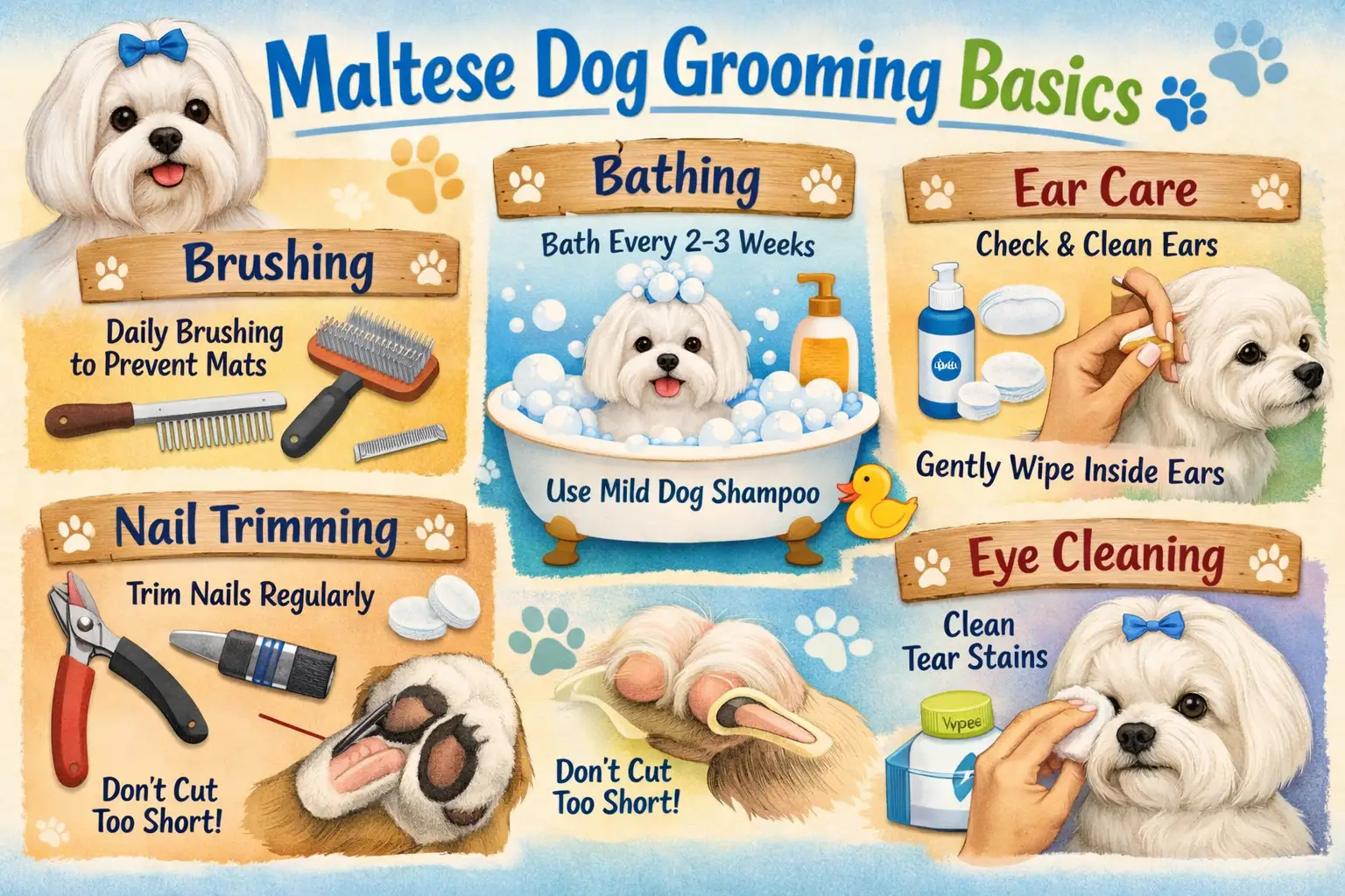 Maltese dog being gently brushed during a home grooming routine