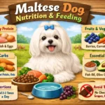 Maltese dog eating from a bowl with feeding guide, diet plan, and safe food tips
