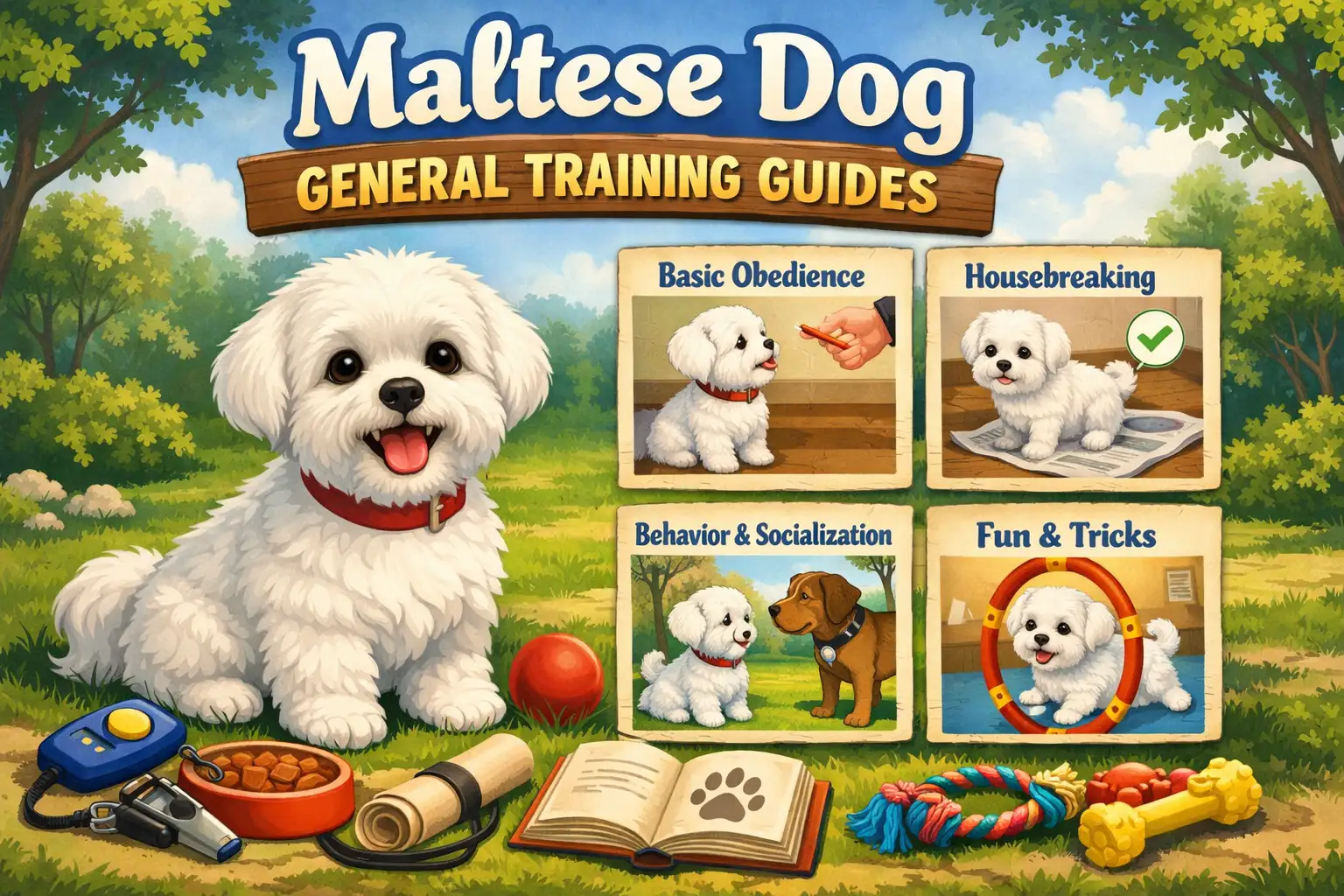 Maltese dog training session with a small white Maltese learning basic commands at home