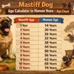 Mastiff Dog age calculator showing dog years to human years age chart