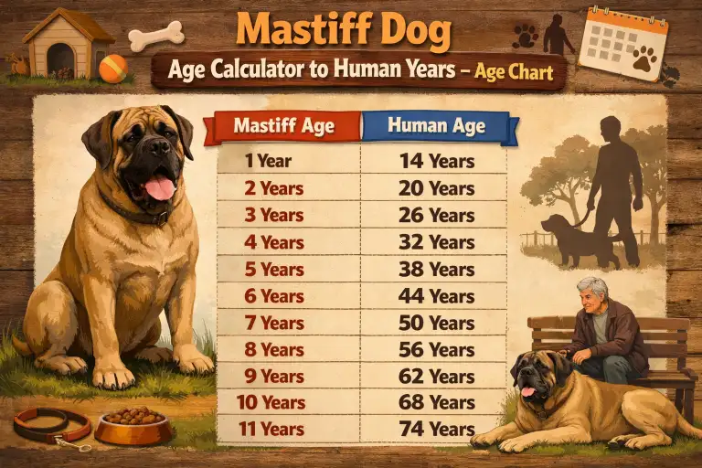 Mastiff Dog age calculator showing dog years to human years age chart