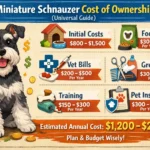 Miniature Schnauzer sitting outdoors with a wiry coat and alert expression, used to explain adoption cost, breeder price, and ownership expenses.