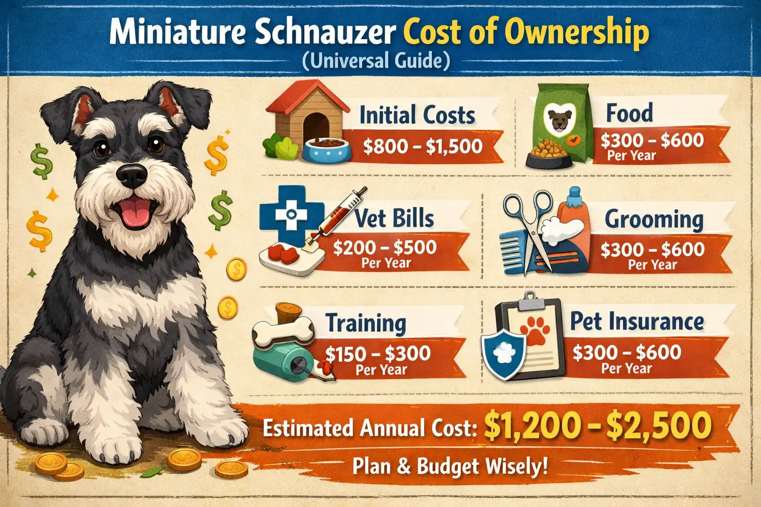 Miniature Schnauzer sitting outdoors with a wiry coat and alert expression, used to explain adoption cost, breeder price, and ownership expenses.