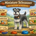 Miniature Schnauzer eating from a bowl with feeding chart and calorie guide context