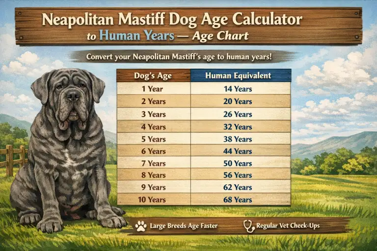 Neapolitan Mastiff dog at different life stages illustrating age comparison to human years