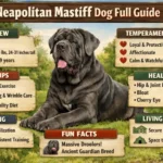 Adult Neapolitan Mastiff dog standing outdoors, showcasing its large size, loose skin, and powerful build