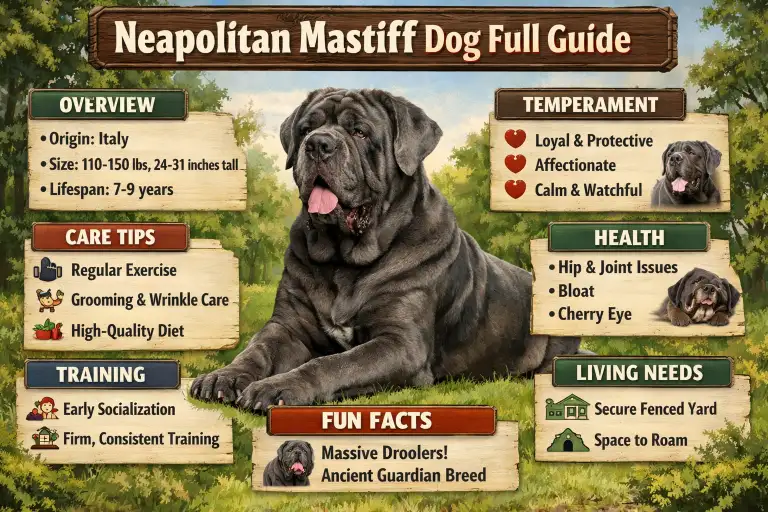 Adult Neapolitan Mastiff dog standing outdoors, showcasing its large size, loose skin, and powerful build