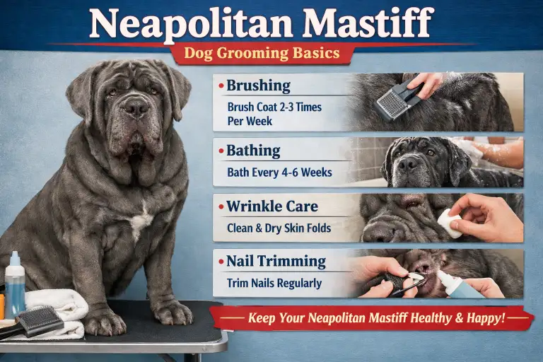 Neapolitan Mastiff dog being gently groomed, focusing on skin folds and short coat maintenance