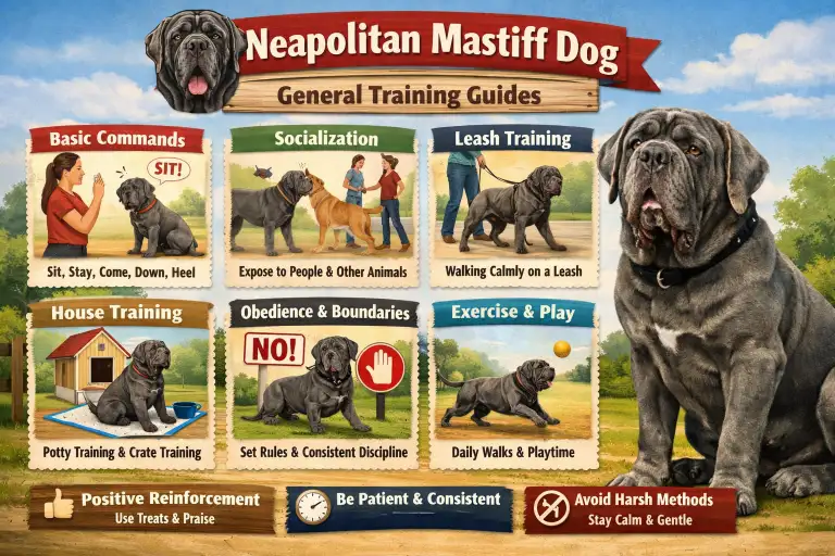 Neapolitan Mastiff dog practicing obedience training with its owner in a controlled outdoor setting