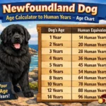 Newfoundland dog age calculator showing dog years converted to human years with an age chart for giant breeds