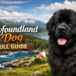 Newfoundland dog standing outdoors showing large size, thick double coat, and calm gentle expression