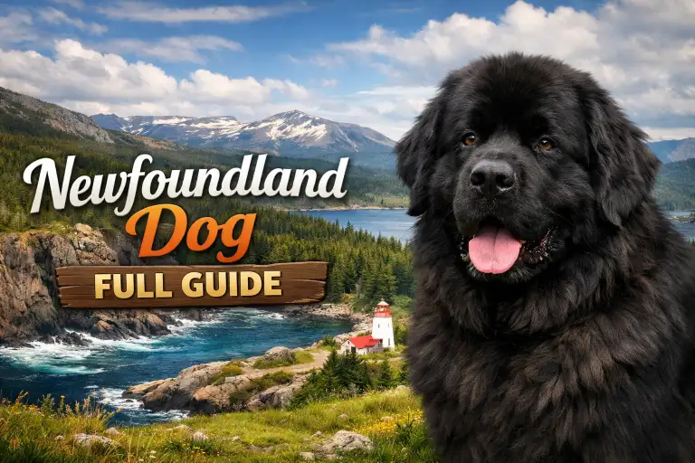 Newfoundland dog standing outdoors showing large size, thick double coat, and calm gentle expression