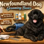 Newfoundland dog grooming basics showing an adult Newfoundland with a thick double coat being brushed at home