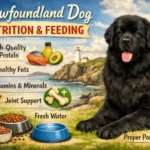 Newfoundland dog nutrition guide showing a large adult Newfoundland with a healthy body condition