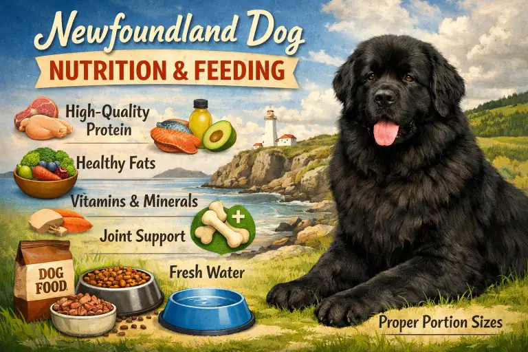 Newfoundland dog nutrition guide showing a large adult Newfoundland with a healthy body condition